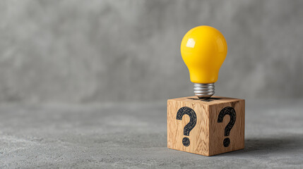 Light bulb on wooden cube with question marks