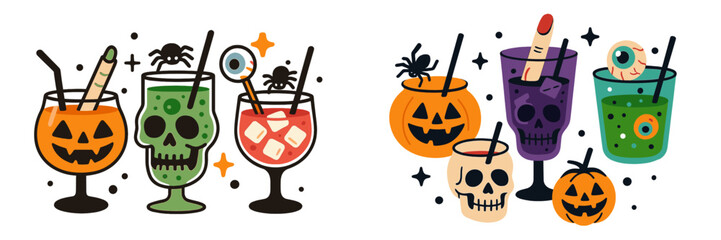 Colorful Halloween cocktail illustrations with spooky themes