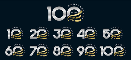 Set of modern vector logo designs for 10th to 100th anniversary with wing, in gold color for celebrations, weddings and birthdays