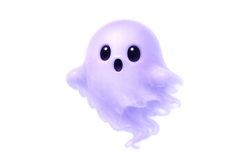 Cute purple cartoon ghost with surprised face, floating animated spirit for halloween and supernatural themes, transparent background