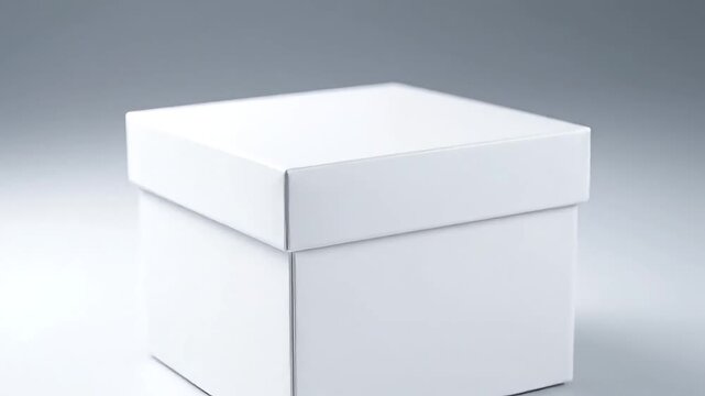 Simple white square gift box with a fitted lid resting against a soft gray studio background creating a clean presentation for packaging concepts.