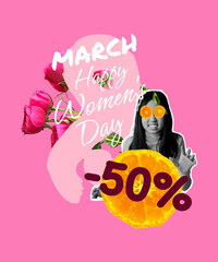 A collage of a girl with oranges against a backdrop of roses and discounts. Women's Day, March 8.