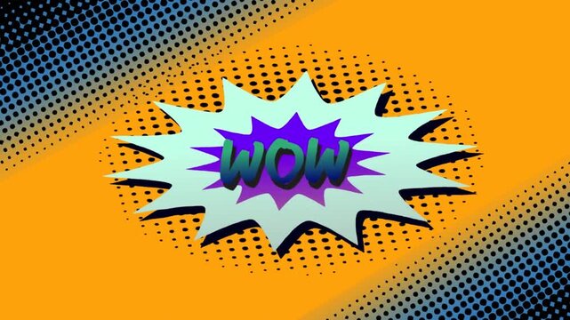 Animation of comic options text over multiple comic speech bubbles with comic sound effects comic