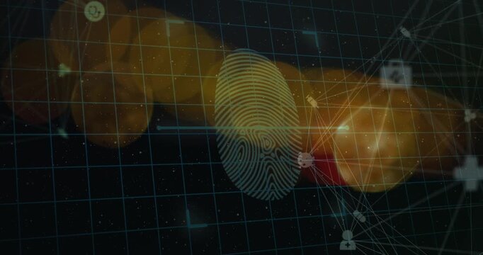 Digital animation of spots of light and biometric fingerprint scanner against black background