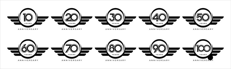 Set of modern vector logo designs for 10th to 100th anniversary with wing, in black color for celebrations, weddings and birthdays