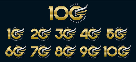 Set of modern vector logo designs for 10th to 100th anniversary with wing, in gold color for celebrations, weddings and birthdays