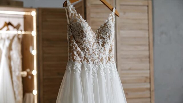 A delicate wedding gown with floral lace bodice hanging in a boutique