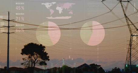Animation of financial graphs and data over electricity poles at sunset - Powered by Adobe