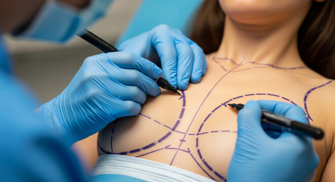 Close-up of a plastic surgeon marking a woman's chest with a marker for breast implant placement