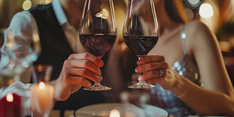 Close-up of a couple toasting with glasses of red wine during a romantic candlelight dinner, celebrating Valentine's Day in a cozy, intimate setting