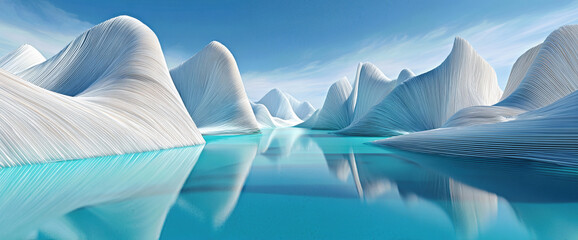 Surreal mountain-like forms mirrored in calm turquoise water under a clear sky
