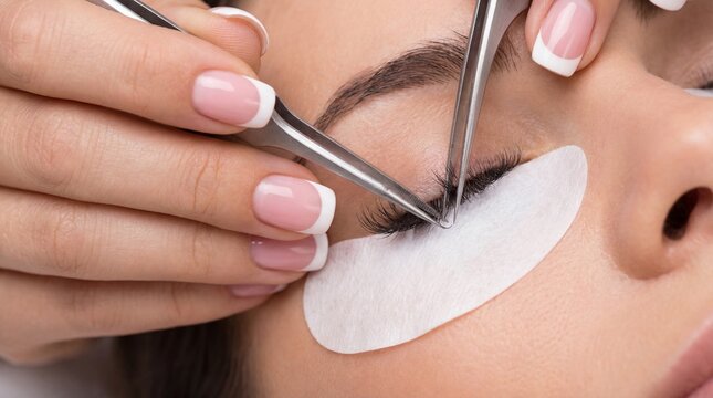 Applying individual eyelash extensions to a woman's eye in a beauty salon