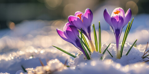 Close-up of purple crocus flowers emerging through melting snow at sunrise. Symbol of hope and early spring, captured in warm golden morning light
