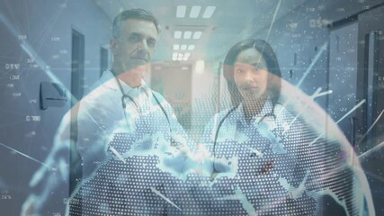 Animation of globe over diverse female and male doctors