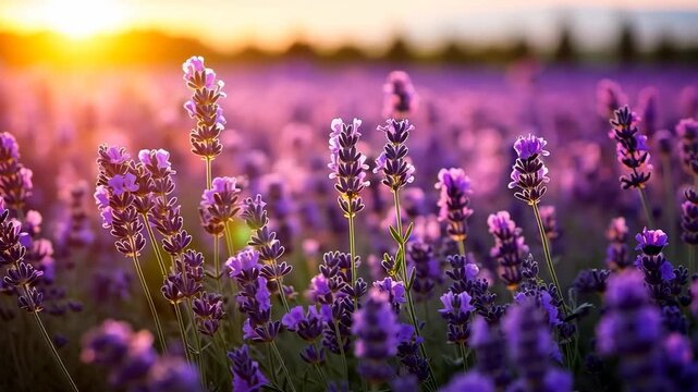 Close-up video angle of a lavender field at sunset, capturing vibrant purple hues and warm light, evoking a serene and tranquil atmosphere. Live desktop wallpaper.