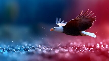 Fototapeta premium Bald eagle flying with United States flag colors background suitable for American Independence Day backdrop