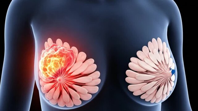 Human breast anatomy illustration comparing internal tissue structure and highlighted abnormal growth inside chest