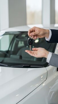 Business car rental sell or buy service dealership hand of agent dealer sale man giving auto key of vehicle to customer renter buyer young woman receiving client or tenant transfer automobile key car 