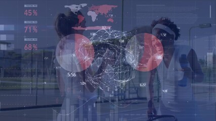 Animation of data processing and globe of connections over diverse tennis players - Powered by Adobe
