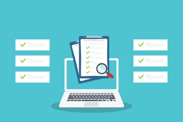 Document inspection. Online digital document inspection or assessment evaluation on laptop computer, contract review, analysis, inspection of agreement contract, compliance verification.	