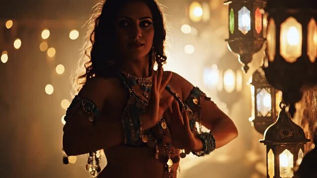Enchanting Belly Dancer Performance in Exotic Setting with Lanterns.