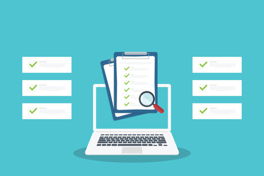 Document inspection. Online digital document inspection or assessment evaluation on laptop computer, contract review, analysis, inspection of agreement contract, compliance verification.	