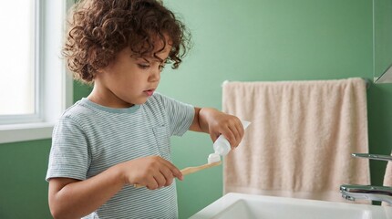 Child brushes teeth in bathroom using toothbrush and toothpaste in morning routine