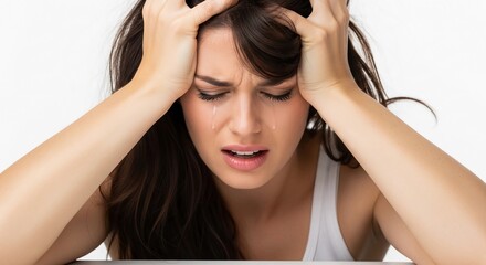 Obraz premium Headache crying woman holding head suffering from stress and pain