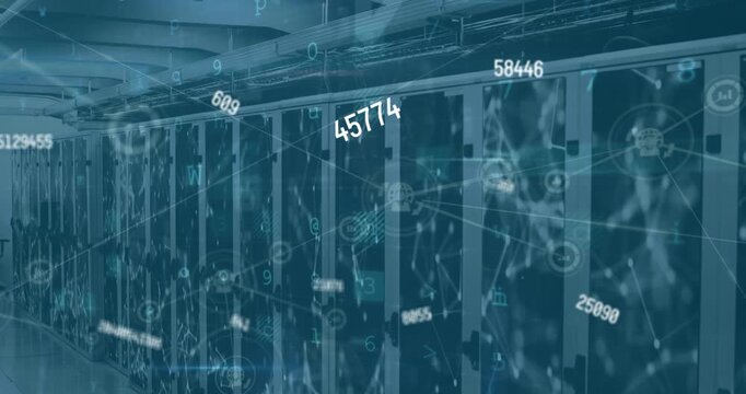 Animation of warning text on interface with data processing over computer server room