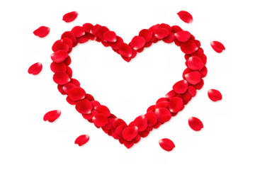 Red rose petals forming a heart shape, conveying themes of love, romance, and passion, on a transparent background