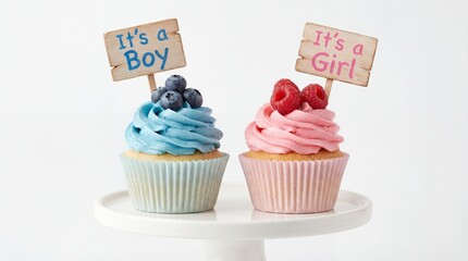 Cupcakes celebrate baby gender reveal event with blue and pink toppings in a simple setting