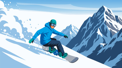 Winter Snowboarding Vector Illustration A Thrilling Ride Down a Snowy Mountain Slope © PDWN Creative