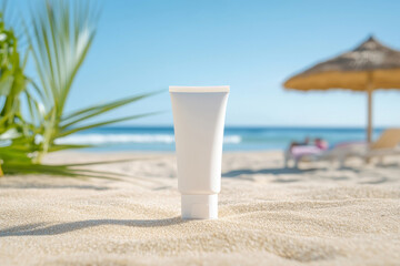 White tube of sunscreen cream displayed on a sunny sandy beach