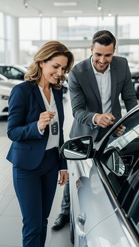 Happy and beautiful middle age business woman buying new car at showroom a nice seller helps her make the right decision key car vehicle automobile transport security transportation electronic unlock 