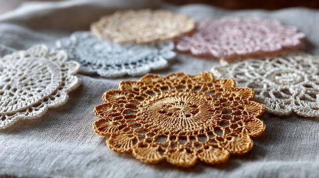 Crochet Doilies on Fabric Tablecloth