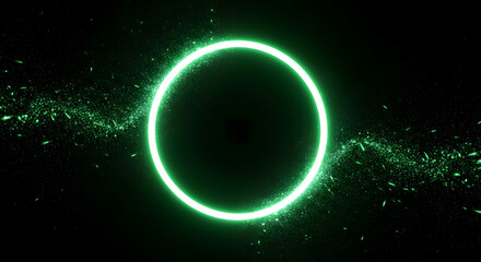 Fototapeta premium A vibrant neon green ring glows intensely against a dark background with scattered particles