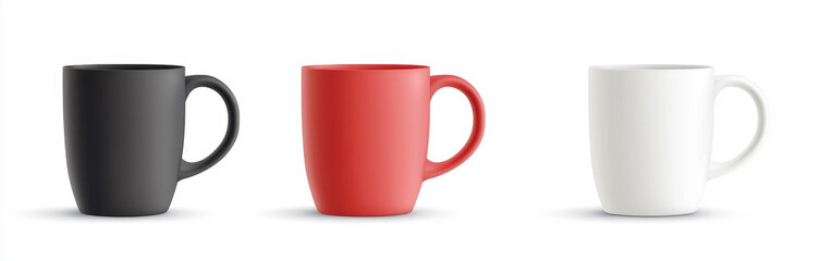 Set of white, black, and red mugs on a white background