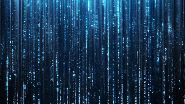 Futuristic digital rain effect with a top-down camera angle, resembling a matrix-style video, featuring cascading blue binary code on a dark background. Live desktop wallpaper.
