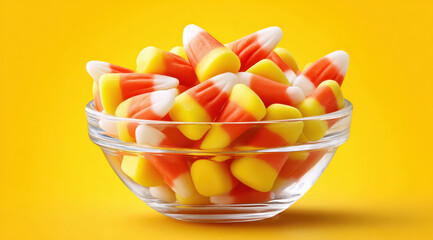 A clear glass bowl filled with vibrant candy corn on a yellow background