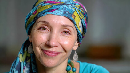 Portrait of a smiling woman with colorful headscarf indoors