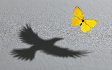 Yellow butterfly with eagle shadow on a gray background