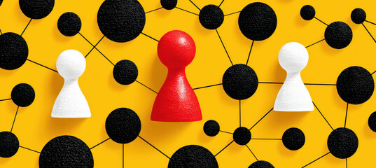 Red and white pawns among interconnected circles on bright yellow background