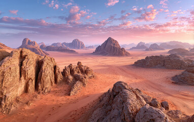 Scenic sunset view of Wadi Rum desert landscape