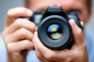 Close-up of a camera lens being held by a photographer