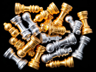 A collection of golden and silver chess pieces on a black background