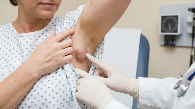 Doctor examining a large lump in a patient's armpit
