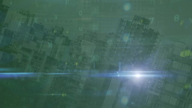 Animation of light trails and cyberattack warning over cityscape