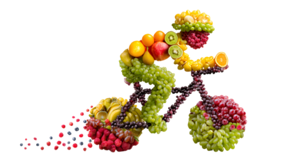 A creative arrangement of colorful fruits forming a bicycle on a black background