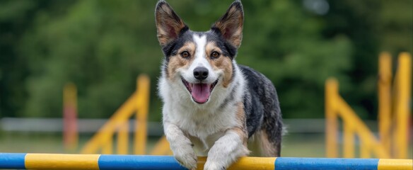 Fototapeta premium Dog zips through agility training like a comet darting through an obstacle course sky