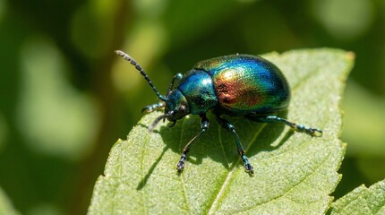 Naklejka premium Close-up of a metallic green beetle with iridescent colors on a green leaf.